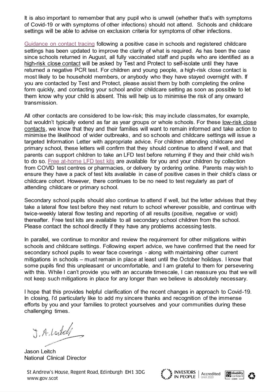 Letter to Parents and Carers from Jason Leitch National Clinical 